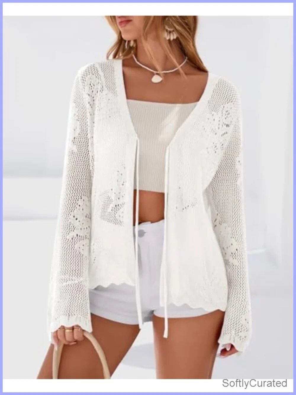 Lightweight Crochet Hollow Out Long Sleeve Tie Front Cardigan
